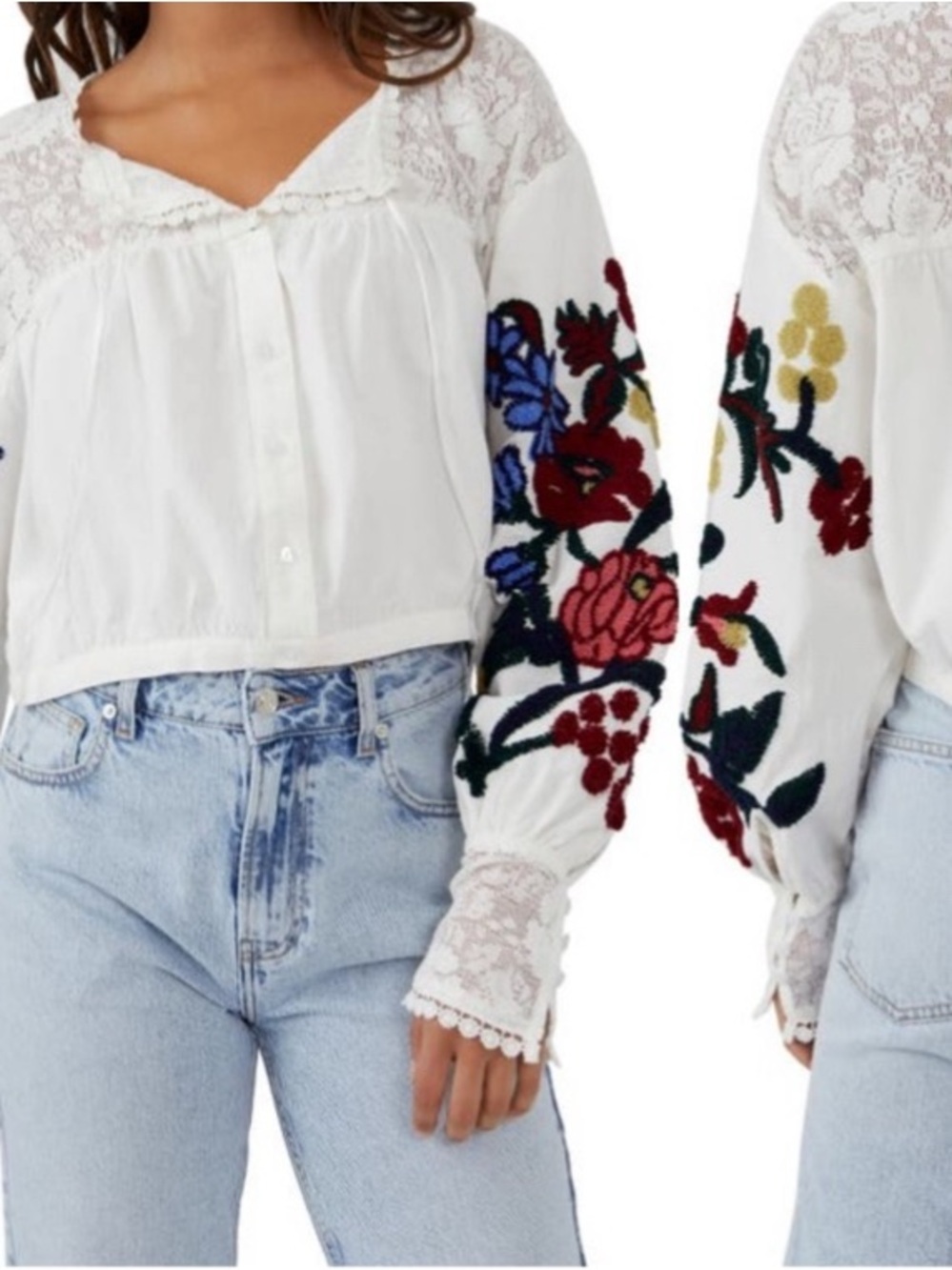 Free People White Button-Down Blouse with Multicolor Floral Embroidered Sleeves